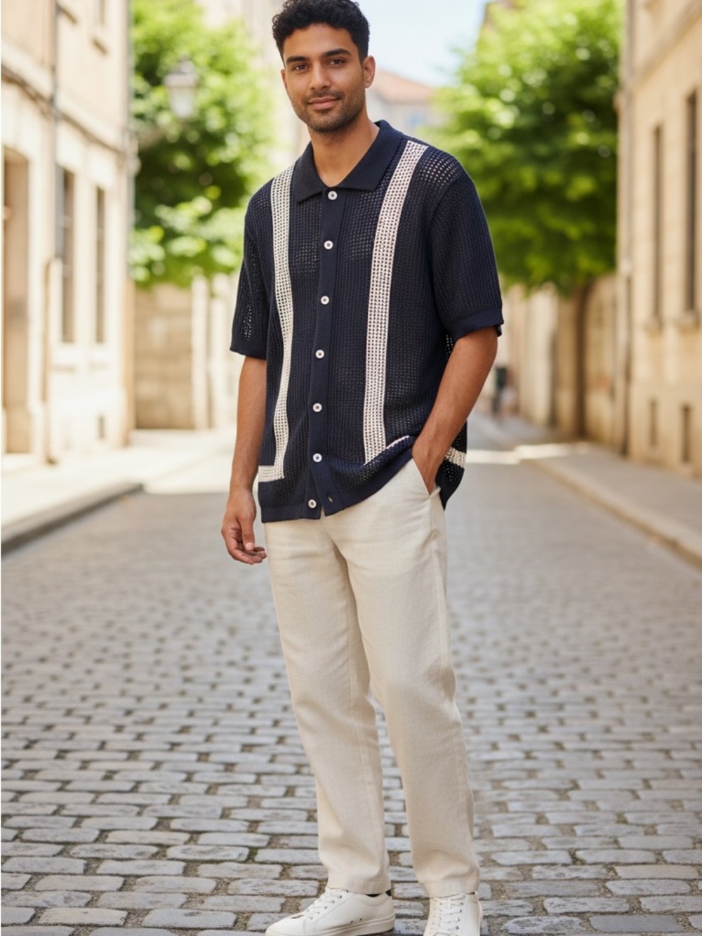 Mens Navy Short-Sleeve Knit Button-Down with White Contrast